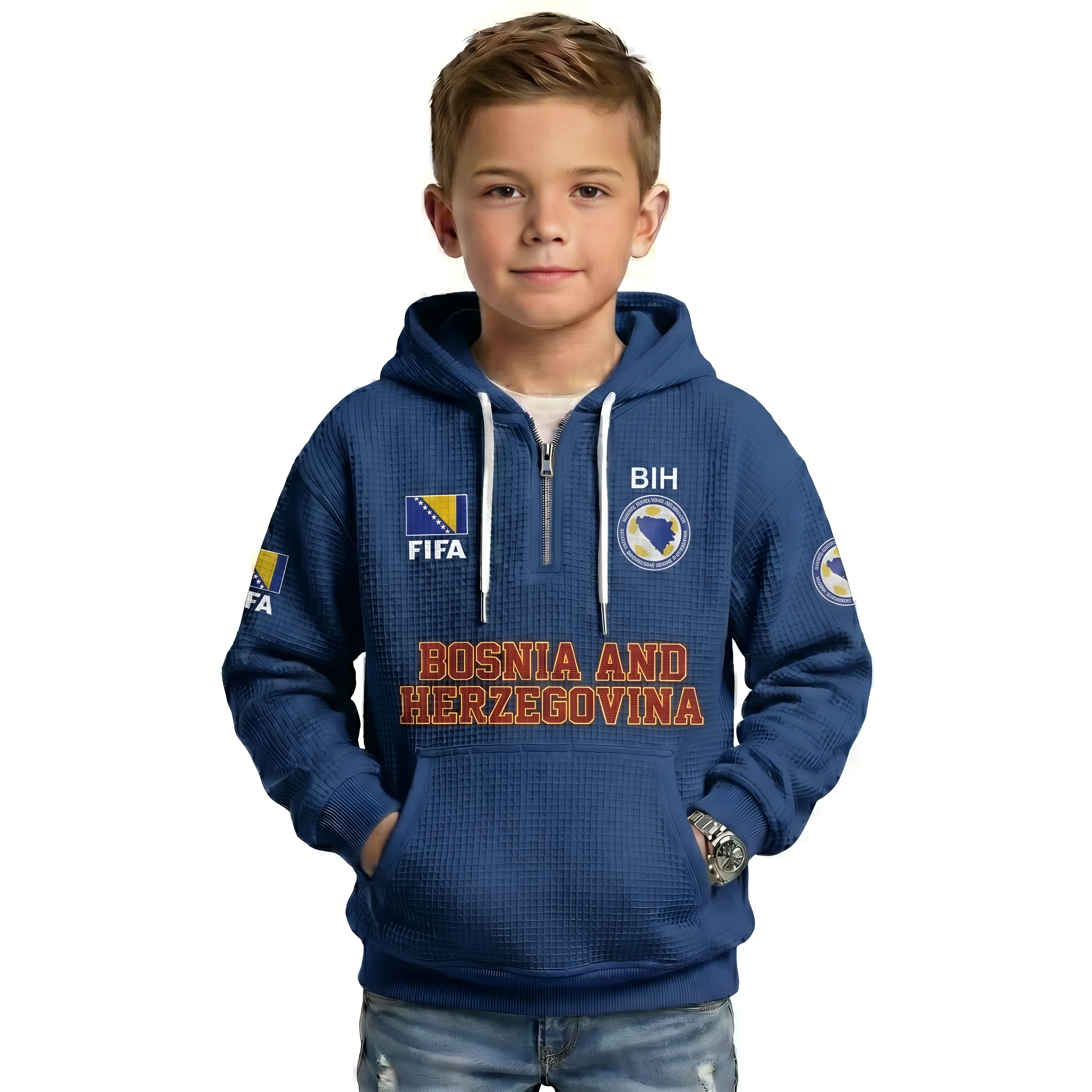 FIFA 2026 Bosnia And Herzegovina Printed Waffle Quarter Zip Football Fan Hoodie For Kids