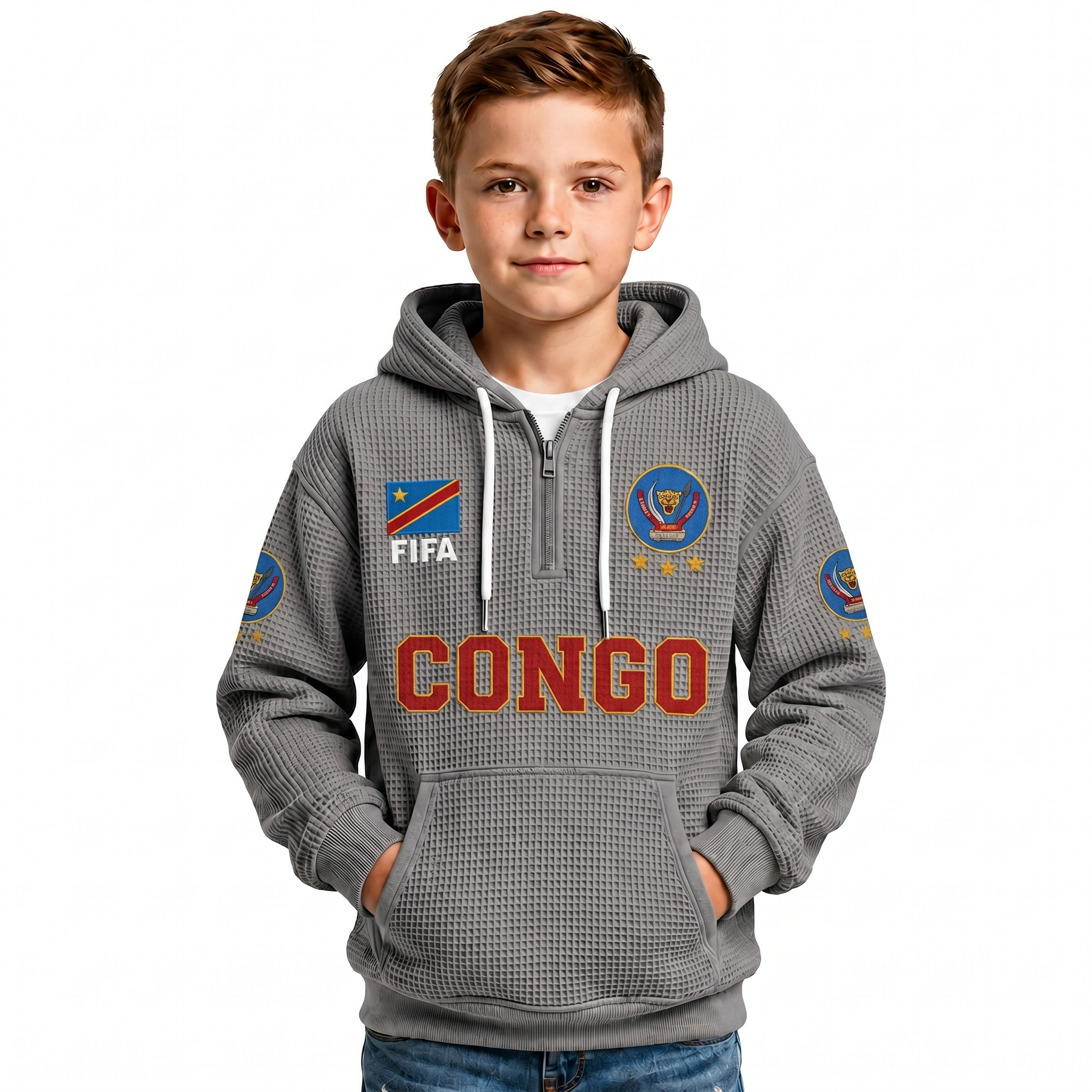 FIFA 2026 Democratic Republic Of The Congo Printed Waffle Quarter Zip Football Fan Hoodie For Kids