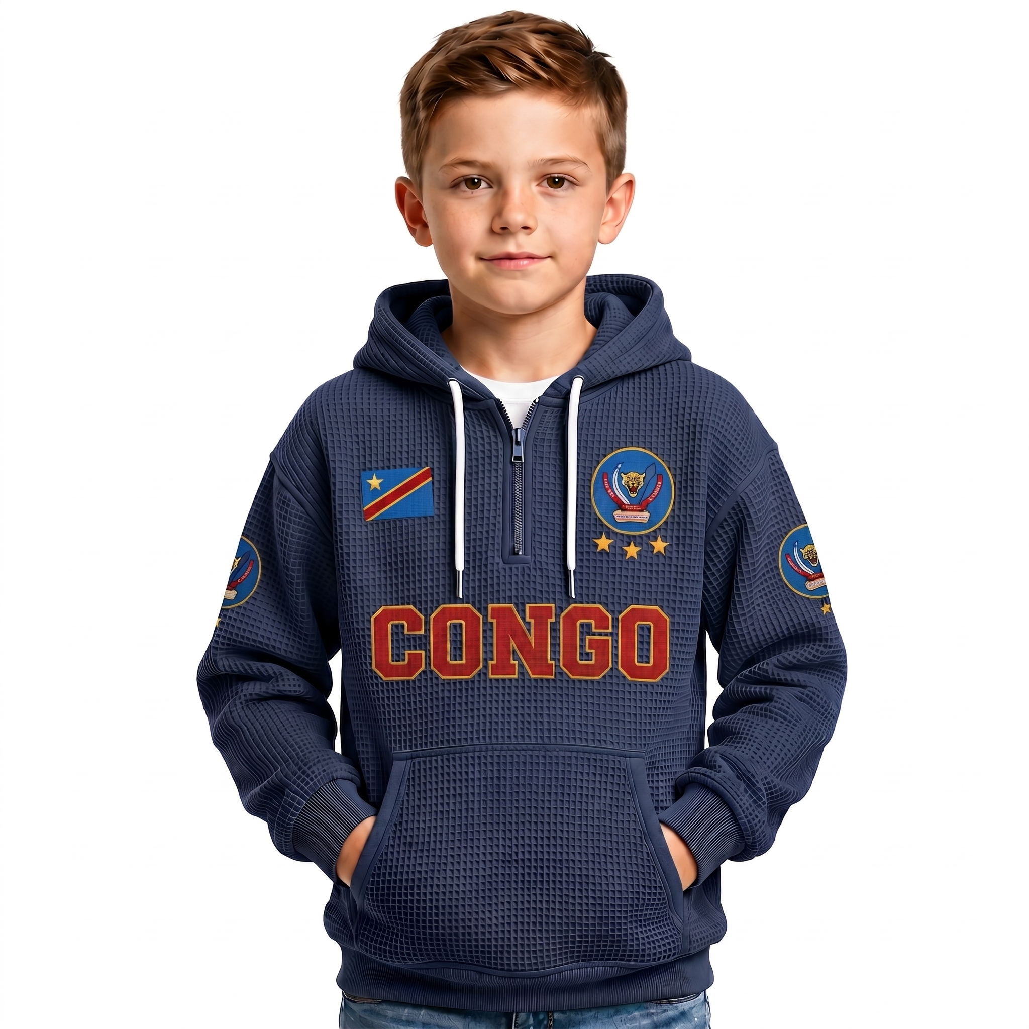 Democratic Republic Of The Congo Printed Waffle Quarter Zip Football Fan Hoodie For Kids