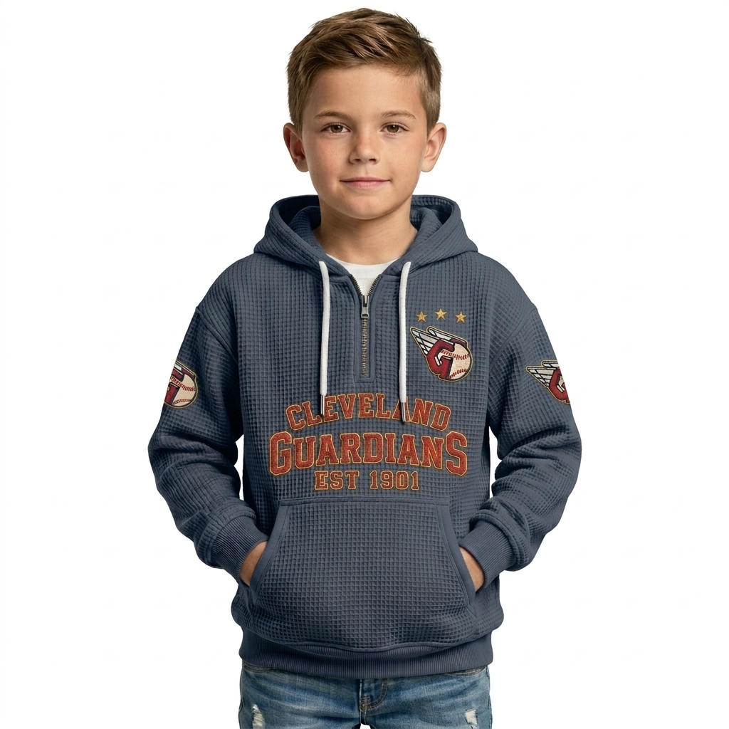 Cleveland Guardians EST 1901 Printed Waffle Quarter Zip Baseball Fan Hoodie For Kids