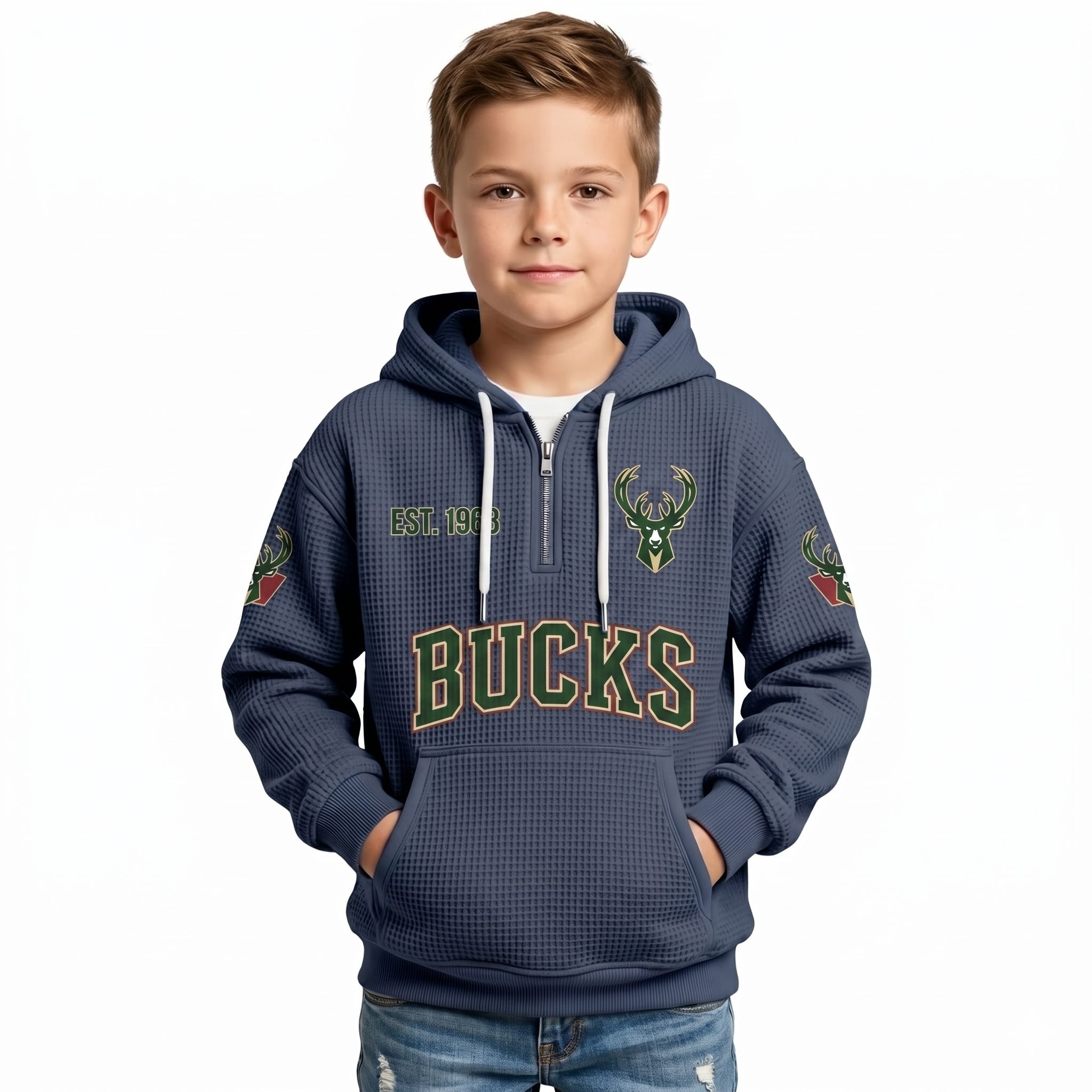 Milwaukee Bucks EST 1968 Printed Waffle Quarter Zip Basketball Fan Hoodie For Kids