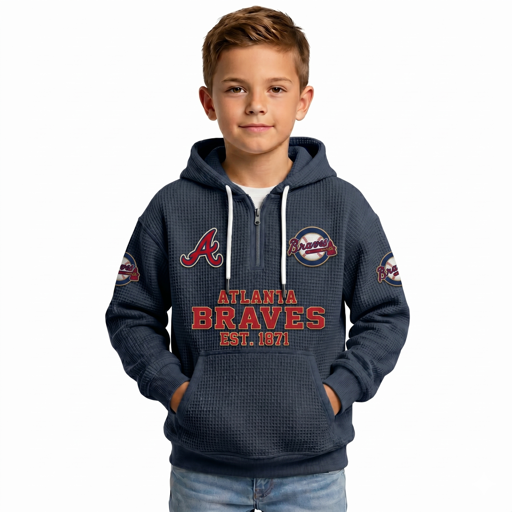 Atlanta Braves EST 1871 Printed Waffle Quarter Zip Baseball Fan Hoodie For Kids
