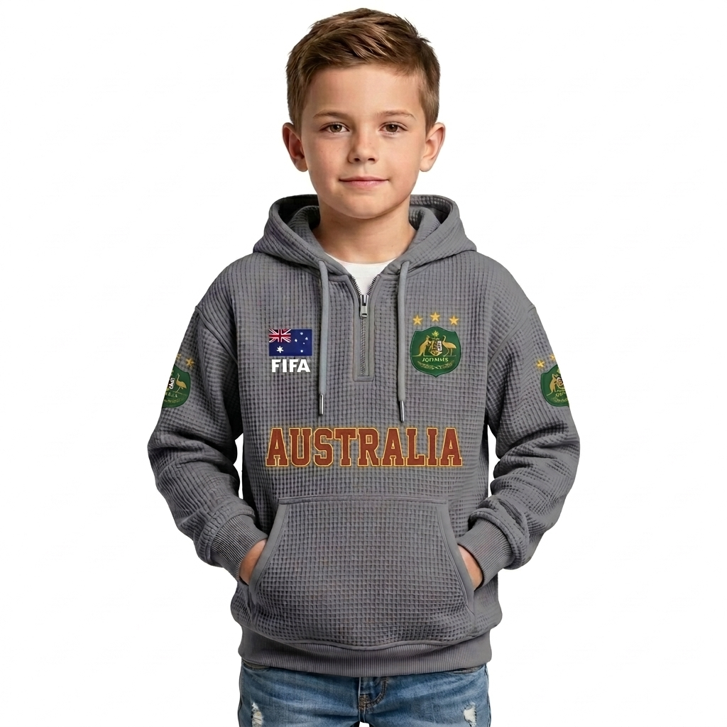 FIFA 2026 Australia Printed Waffle Quarter Zip Football Fan Hoodie For Kids