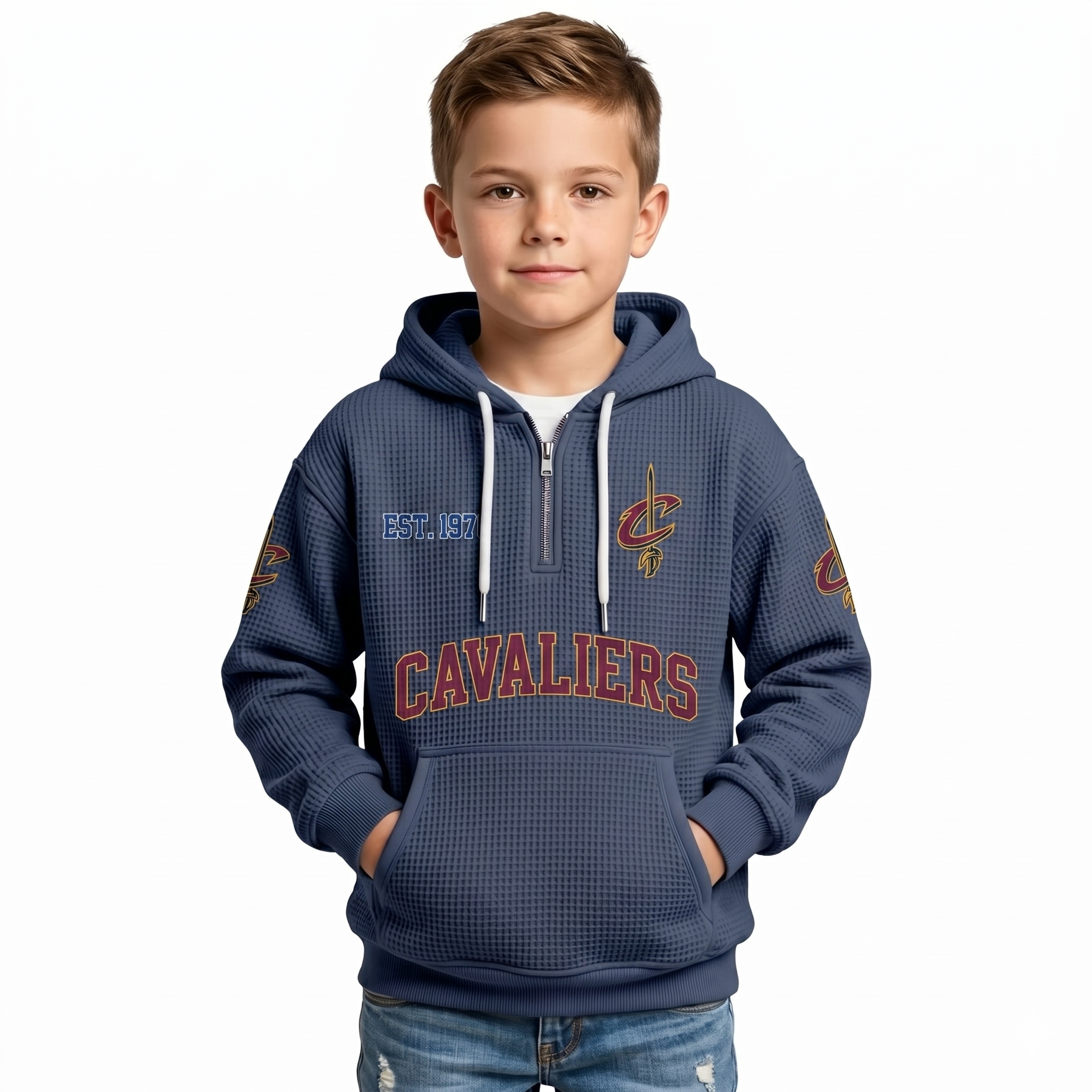 Cleveland Cavaliers EST 1970 Printed Waffle Quarter Zip Basketball Fan Hoodie For Kids