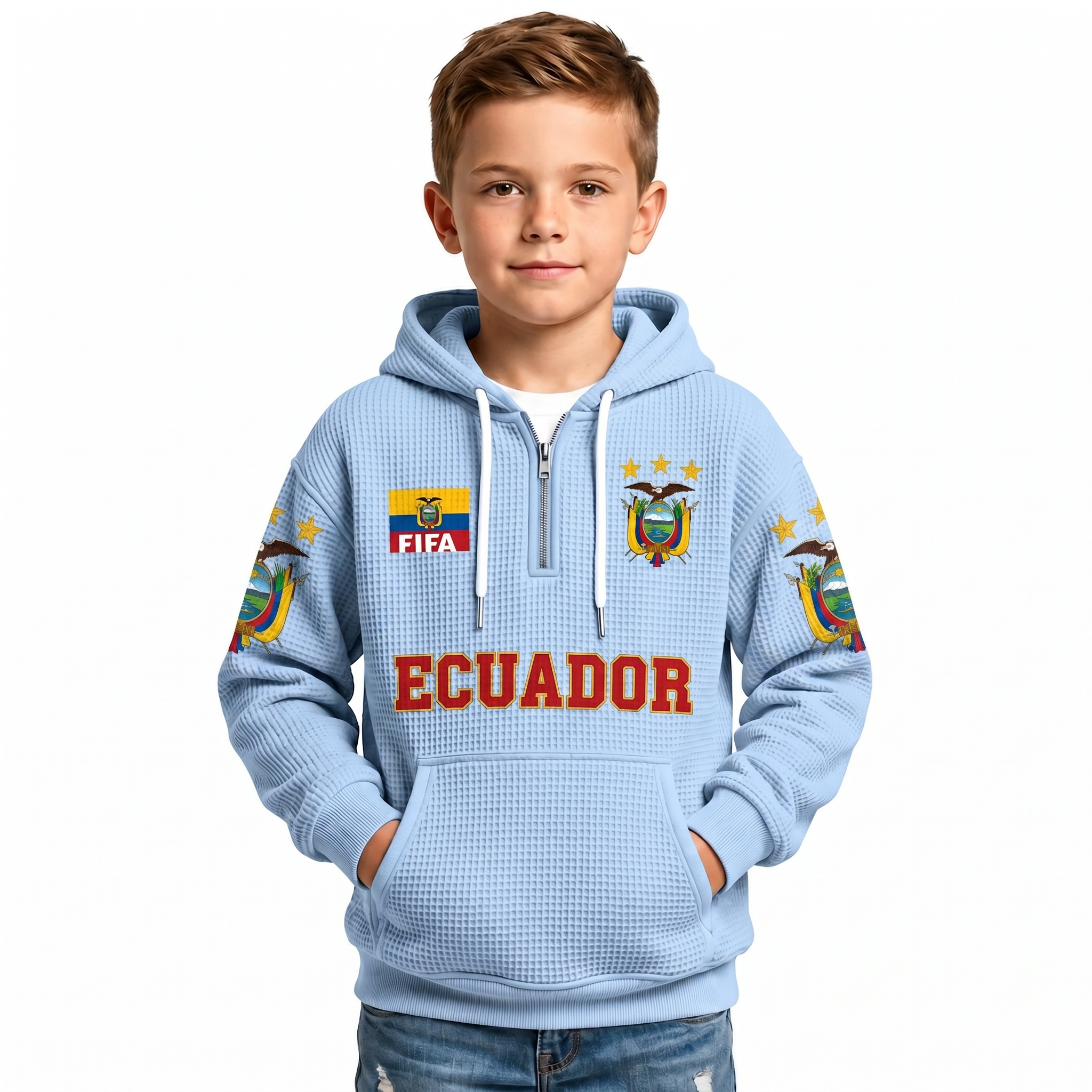 FIFA 2026 Ecuador Printed Waffle Quarter Zip Football Fan Hoodie For Kids