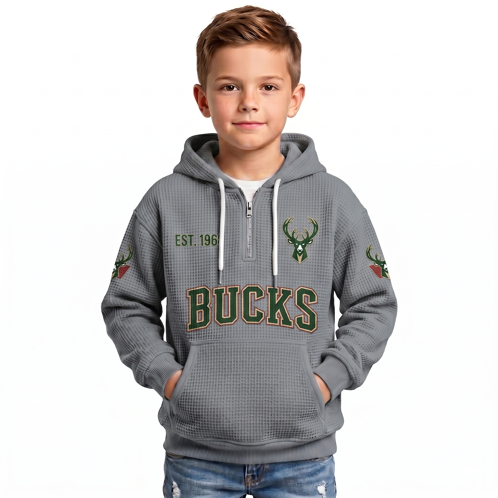 Milwaukee Bucks EST 1968 Printed Waffle Quarter Zip Basketball Fan Hoodie For Kids