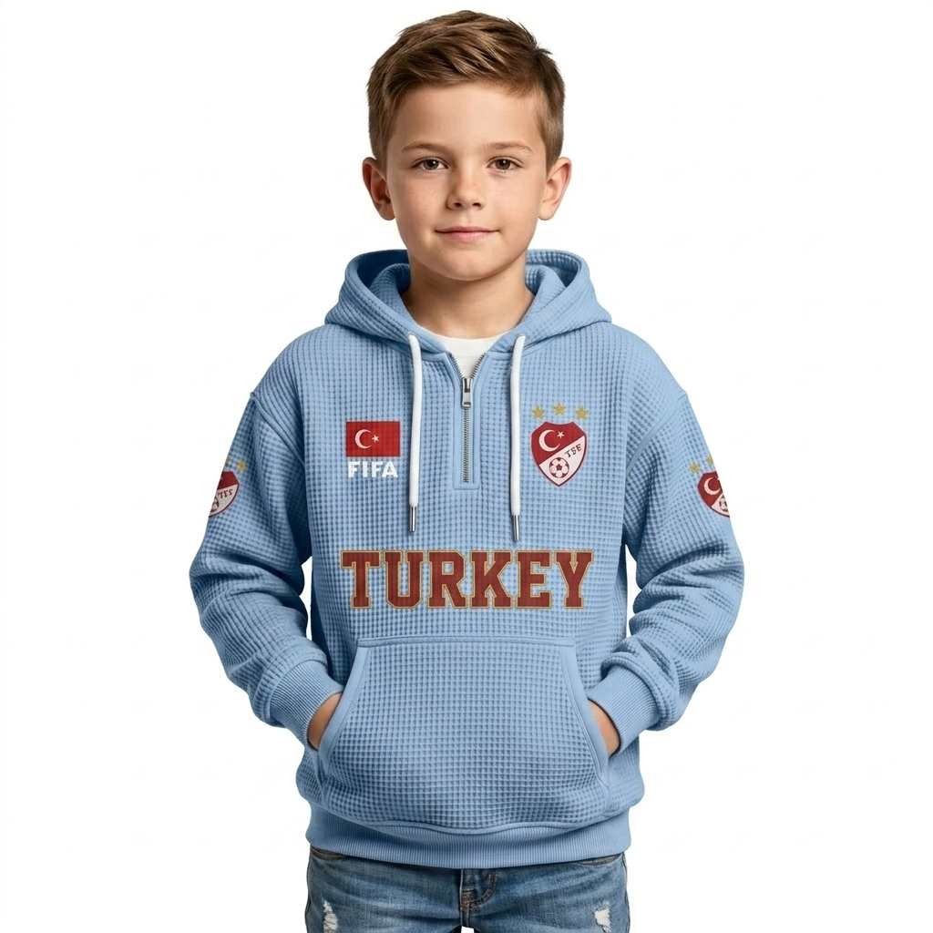 FIFA 2026 Turkey Printed Waffle Quarter Zip Football Fan Hoodie For Kids