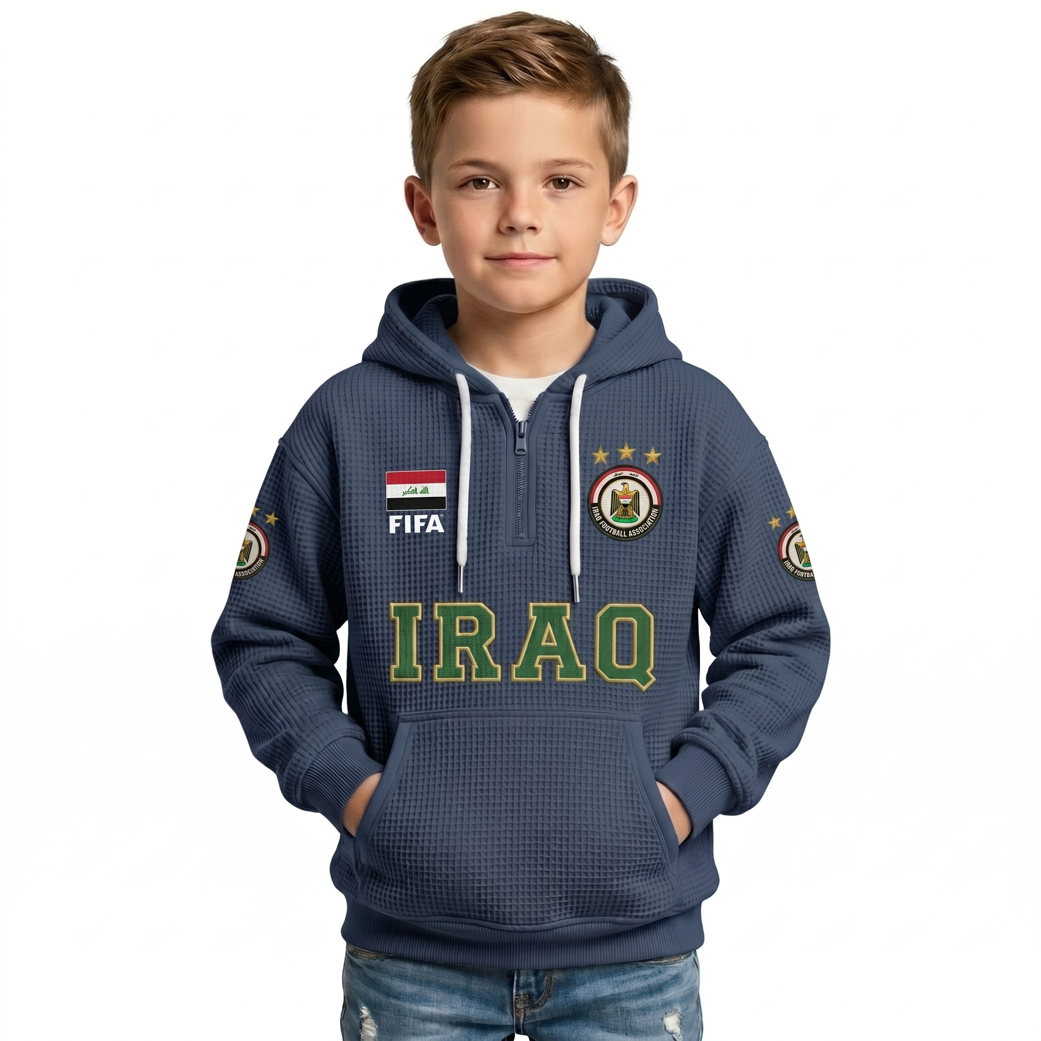 FIFA 2026 Iraq Printed Waffle Quarter Zip Football Fan Hoodie For Kids