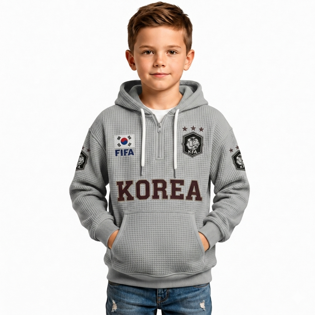 FIFA 2026 South Korea Printed Waffle Quarter Zip Football Fan Hoodie For Kids