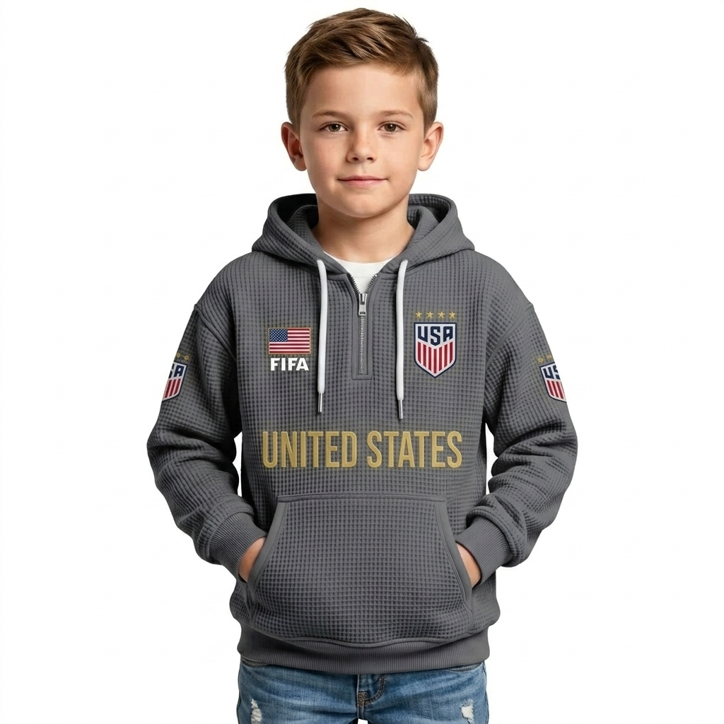FIFA 2026 United States Printed Waffle Quarter Zip Football Fan Hoodie For Kids