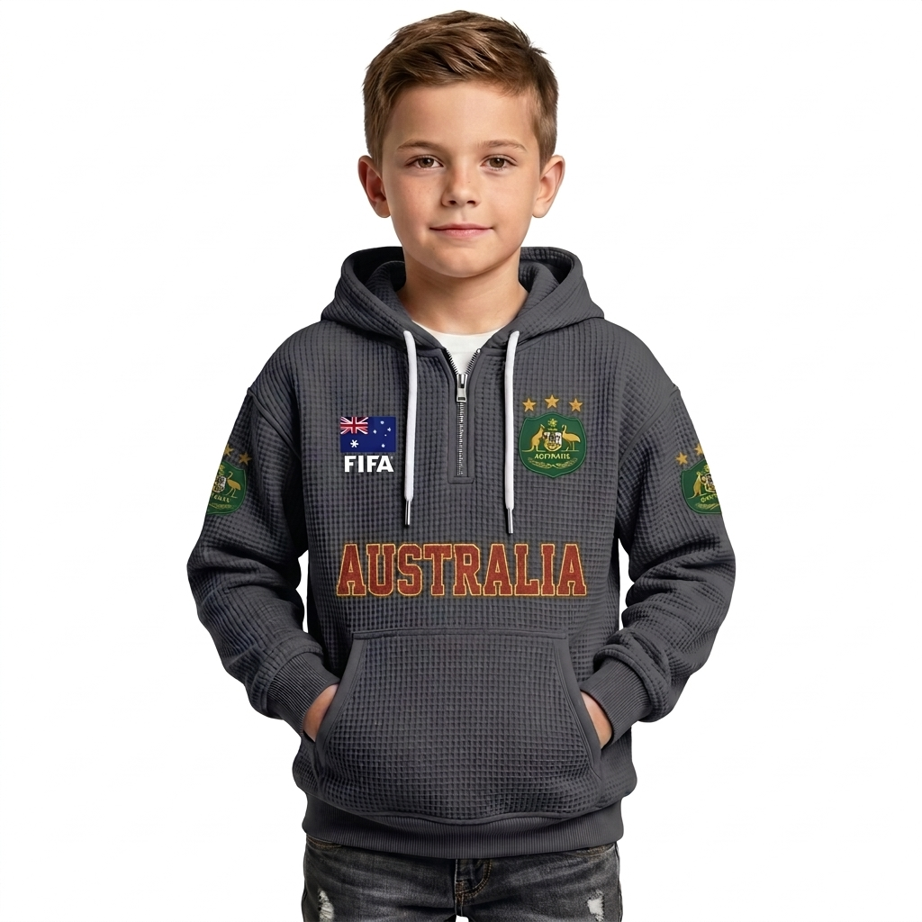 FIFA 2026 Australia Printed Waffle Quarter Zip Football Fan Hoodie For Kids