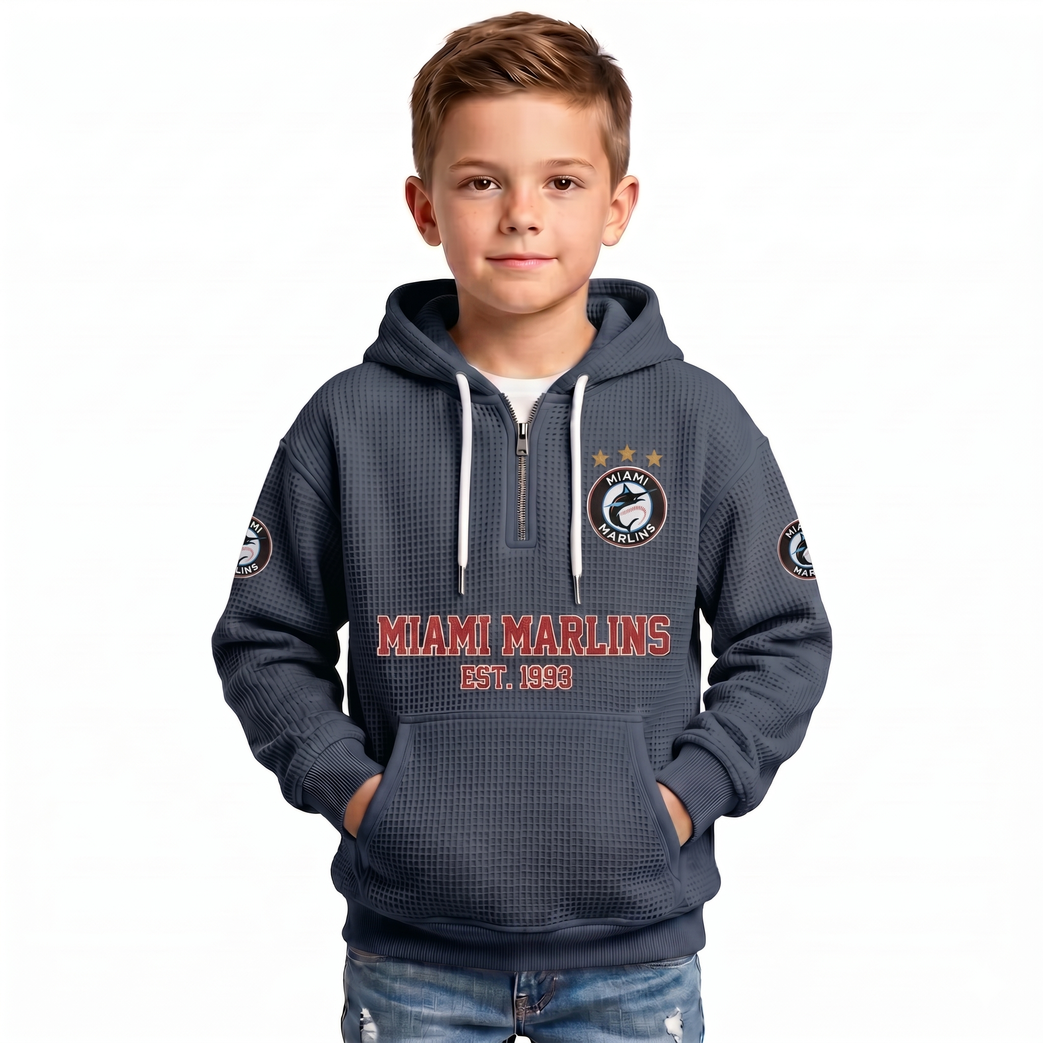 Miami Marlins EST 1993 Printed Waffle Quarter Zip Baseball Fan Hoodie For Kids