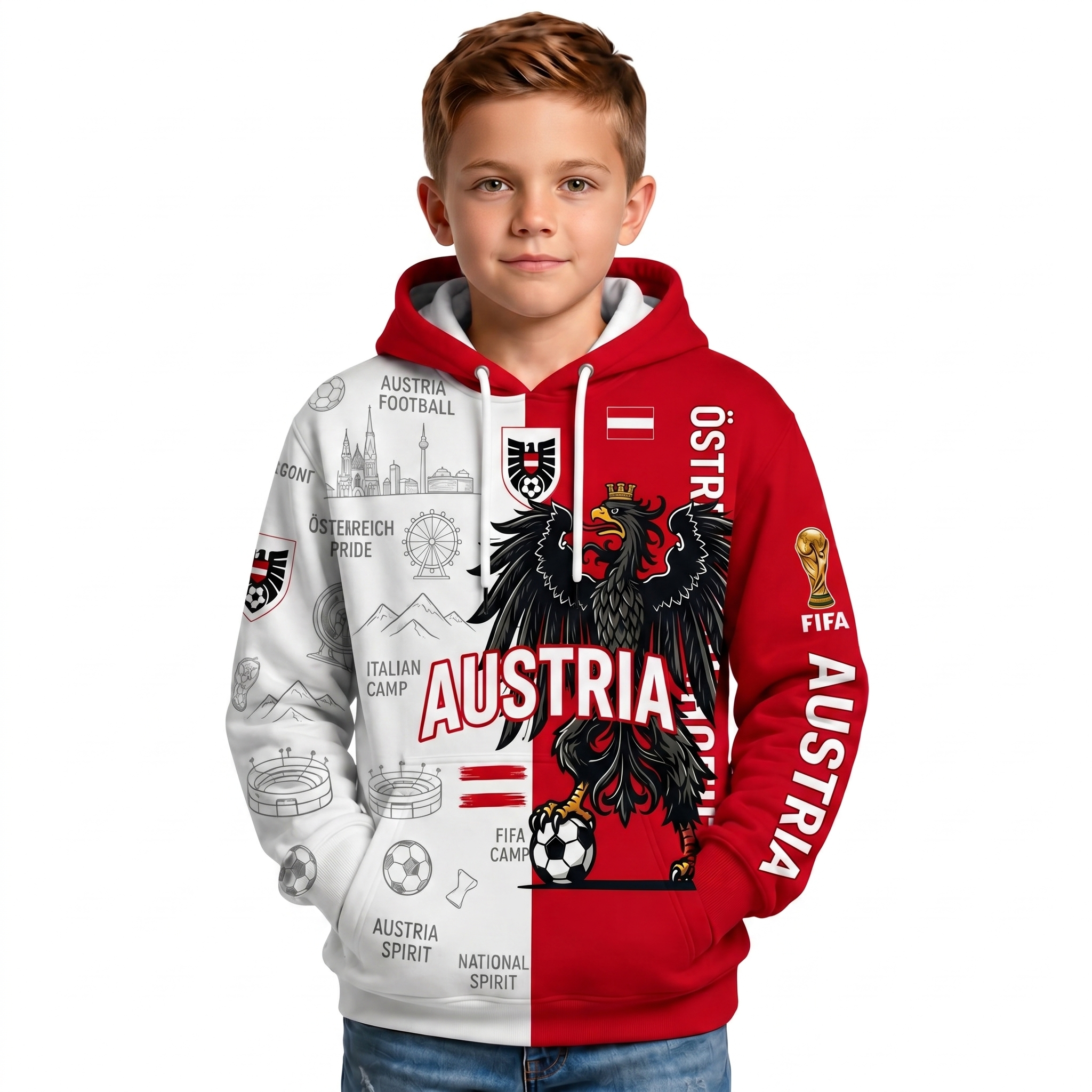 FIFA 2026 Austria Football Themed All Over Printed Hoodie For Kids