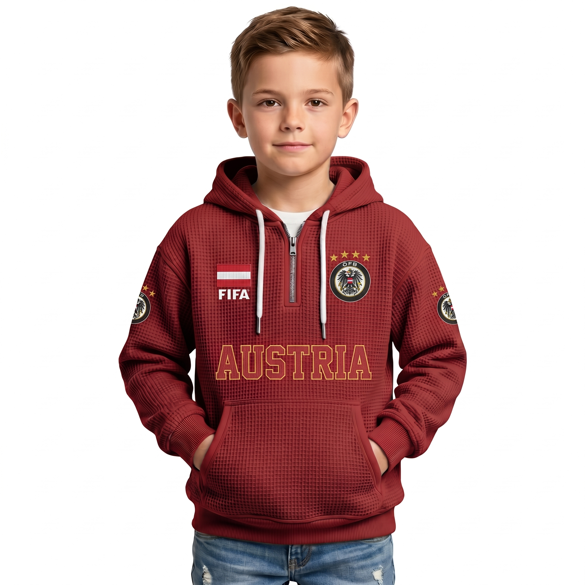 FIFA 2026 Austria Printed Waffle Quarter Zip Football Fan Hoodie For Kids