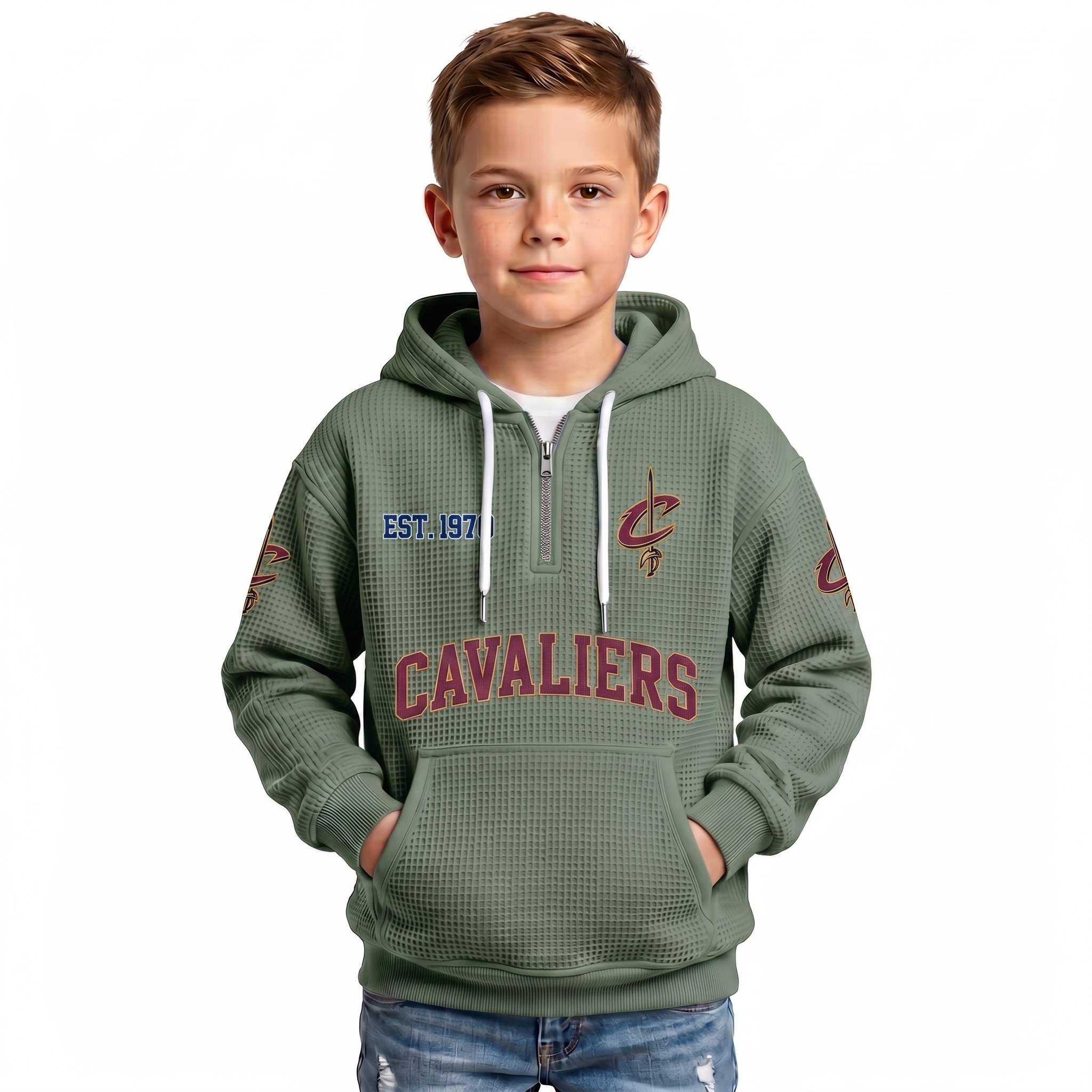 Cleveland Cavaliers EST 1970 Printed Waffle Quarter Zip Basketball Fan Hoodie For Kids