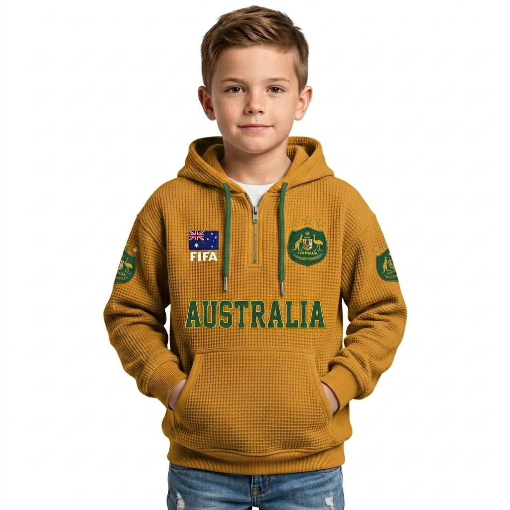 FIFA 2026 Australia Printed Waffle Quarter Zip Football Fan Hoodie For Kids