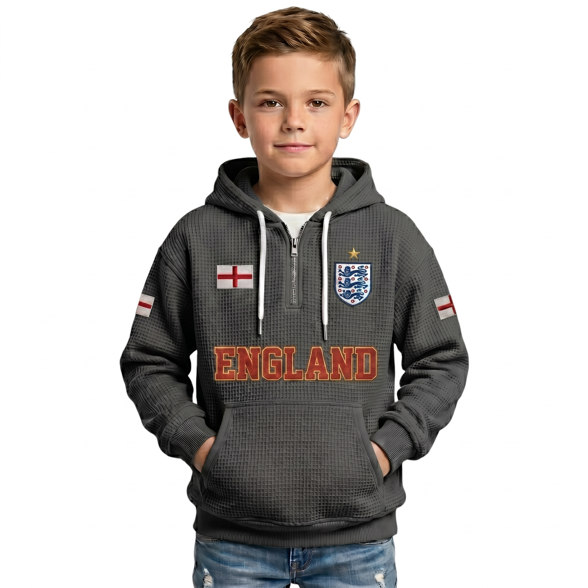 2026 England Printed Waffle Quarter Zip Football Fan Hoodie For Kids