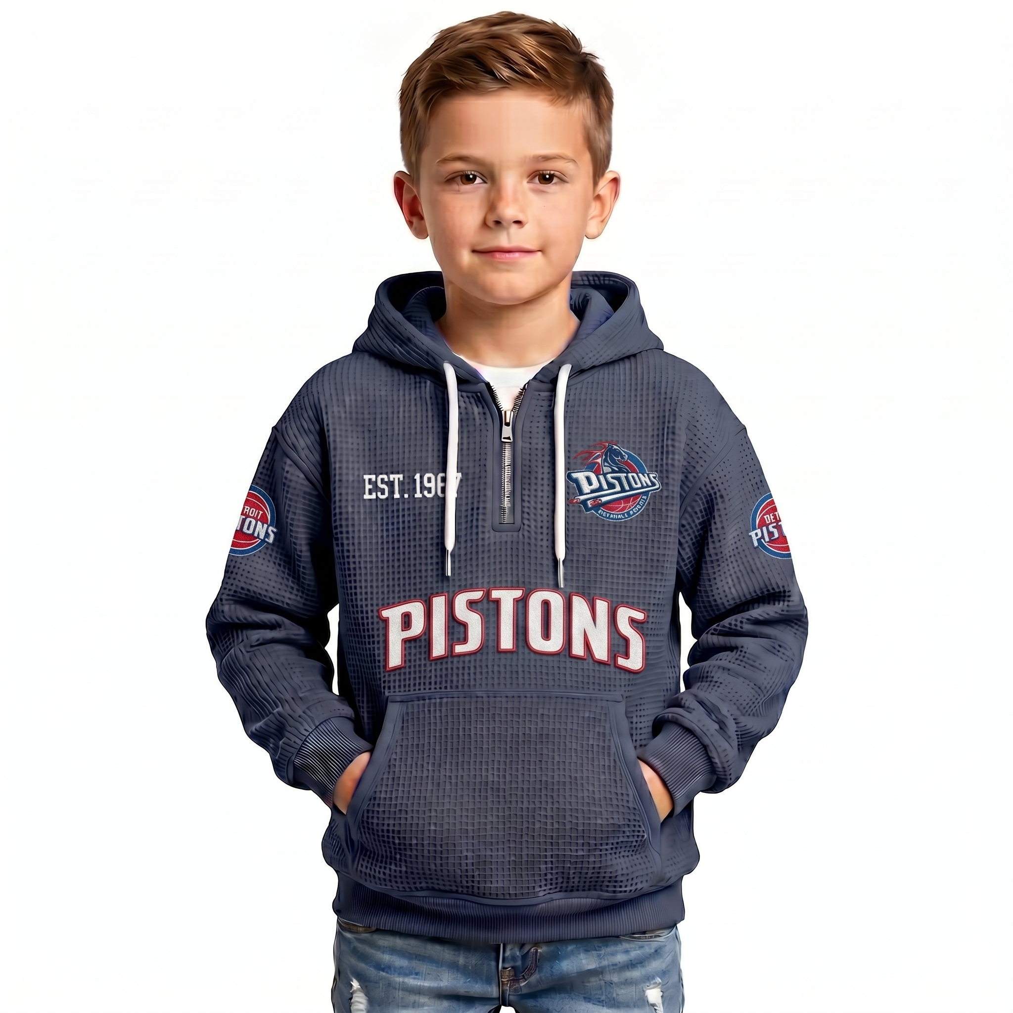 Detroit Pistons EST 1957 Printed Waffle Quarter Zip Basketball Fan Hoodie For Kids