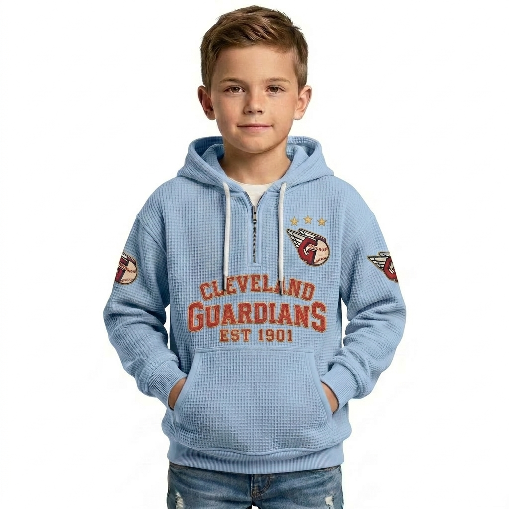 Cleveland Guardians EST 1901 Printed Waffle Quarter Zip Baseball Fan Hoodie For Kids