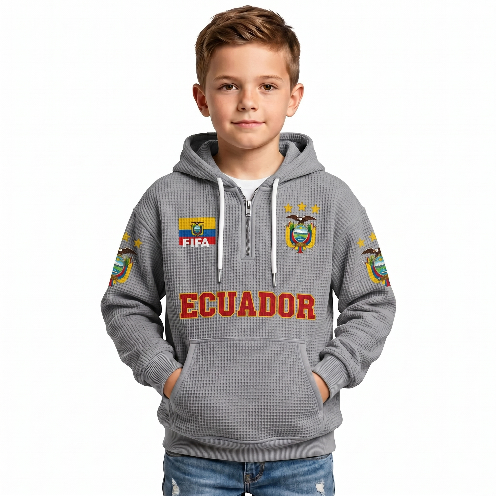 FIFA 2026 Ecuador Printed Waffle Quarter Zip Football Fan Hoodie For Kids