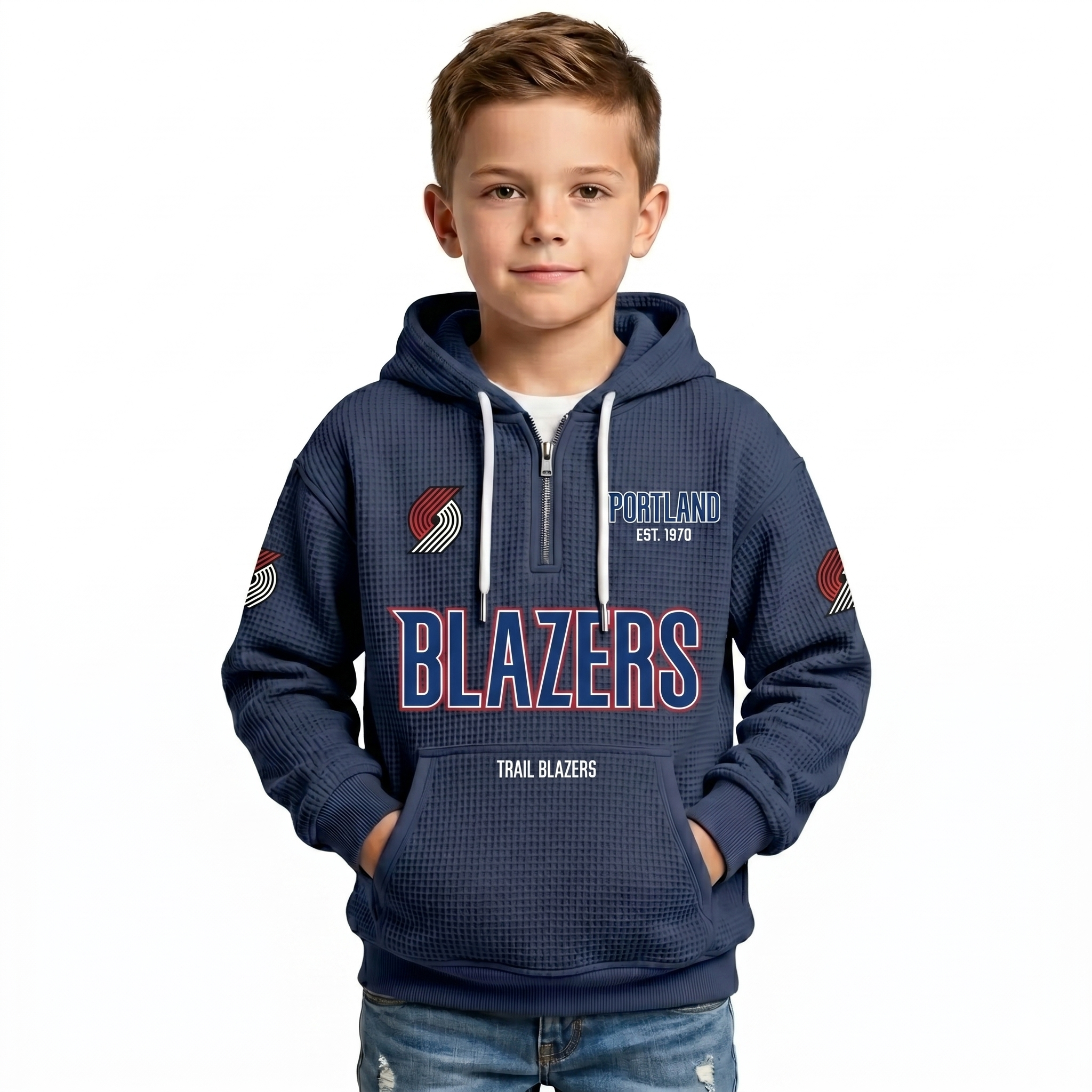 Portland Trail Blazers EST 1970 Printed Waffle Quarter Zip Basketball Fan Hoodie For Kids
