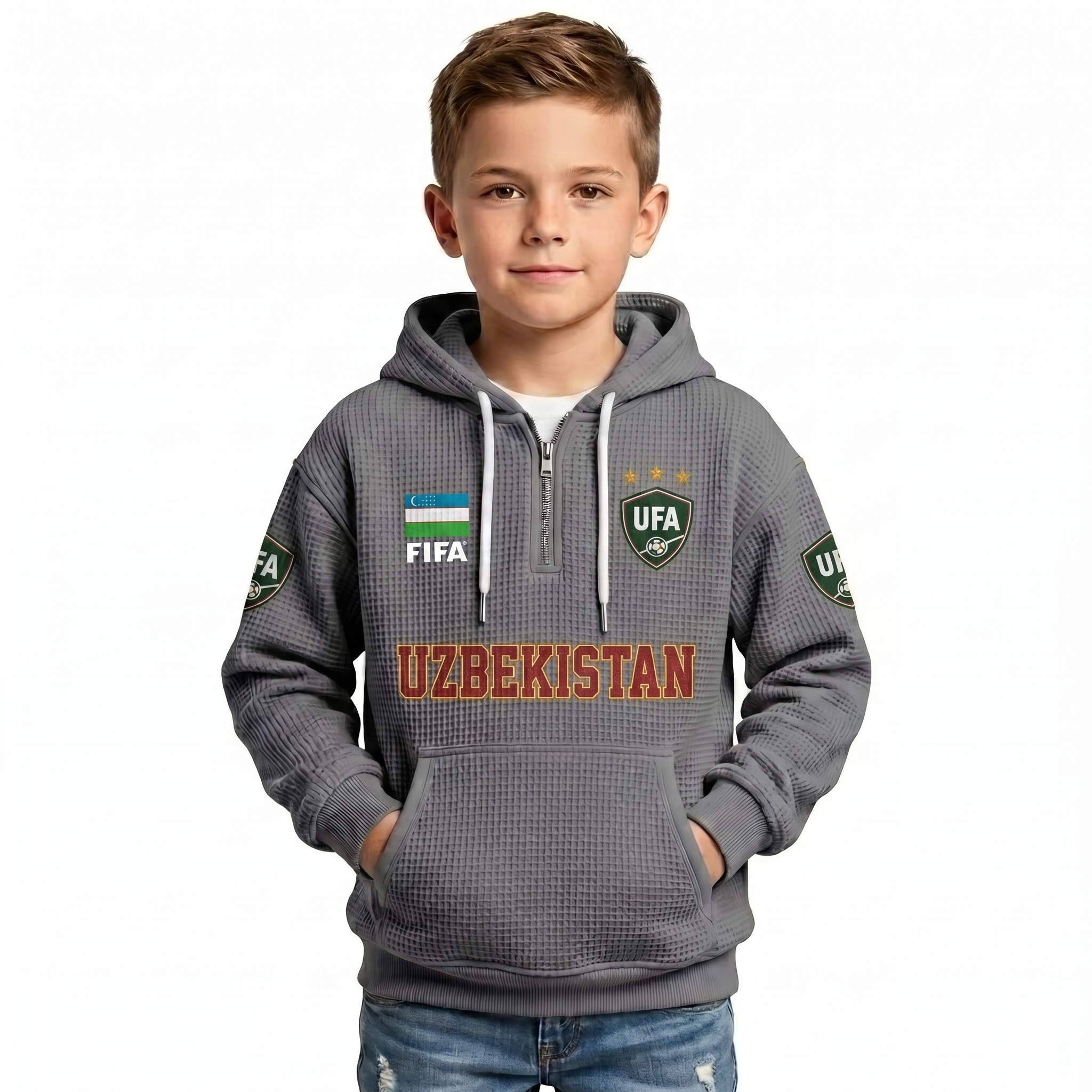 FIFA 2026 Uzbekistan Printed Waffle Quarter Zip Football Fan Hoodie For Kids