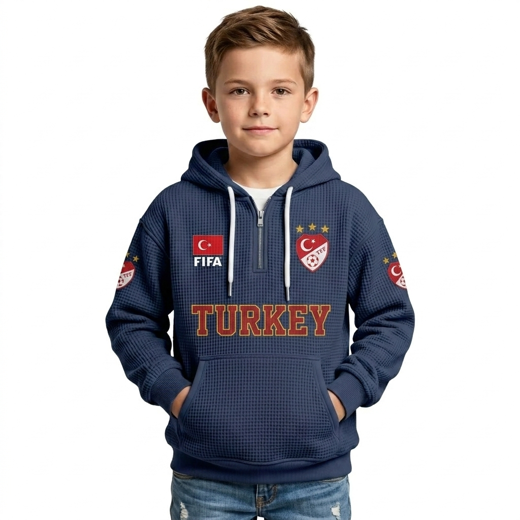 FIFA 2026 Turkey Printed Waffle Quarter Zip Football Fan Hoodie For Kids