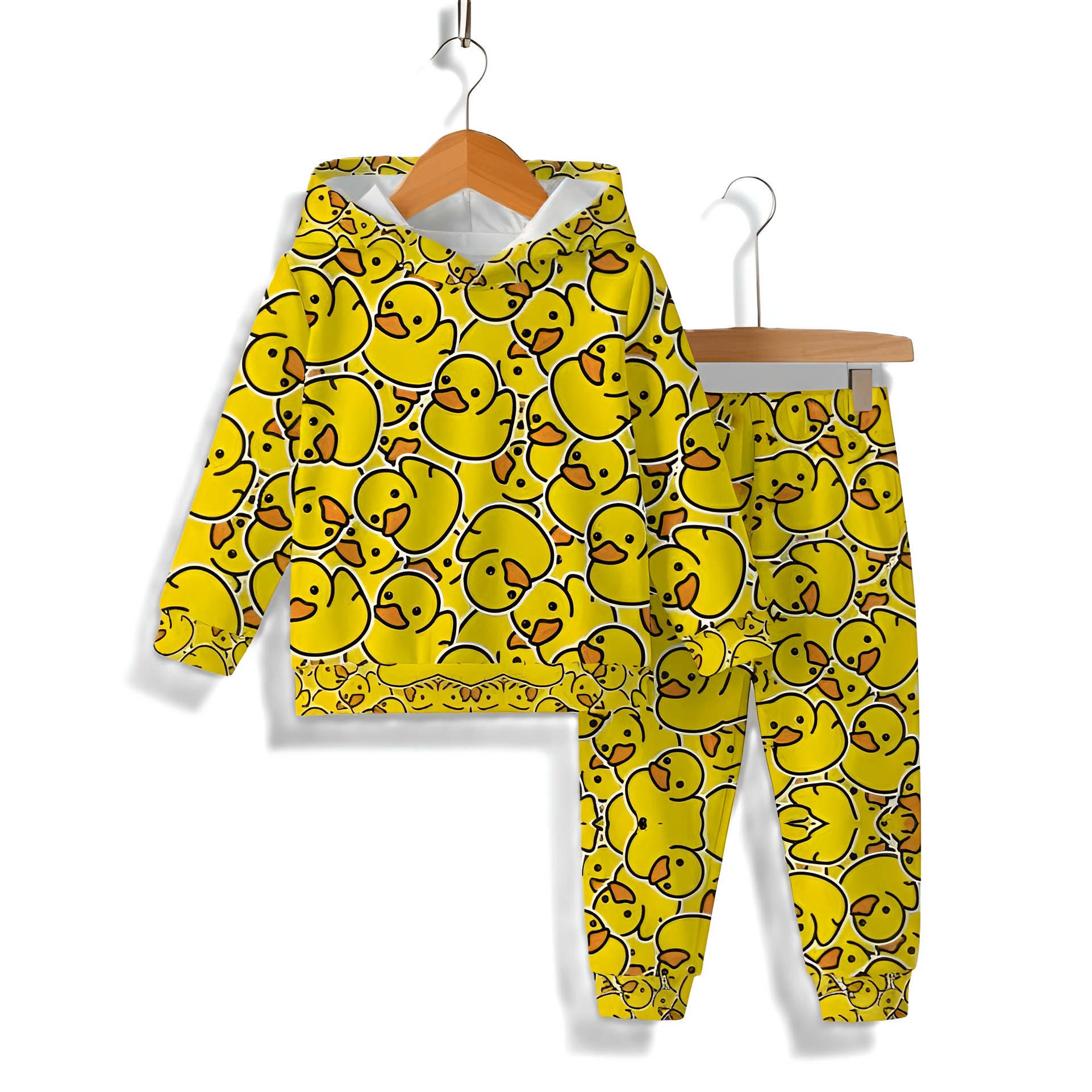 Hooded Sweatsuit Set With Duck Print Romper And Matching Pants For Boys