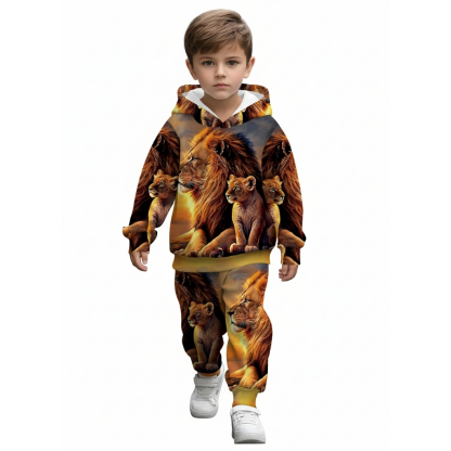 Lion Family Print Hoodie And Jogger Pants Set With Fleece Outfit For Boys And Girls