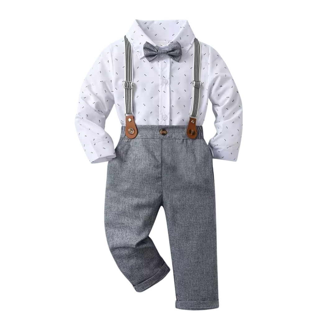 Long Sleeve Bow Tie Shirt And Suspender Pants 2 Piece Outfit Set For Boys