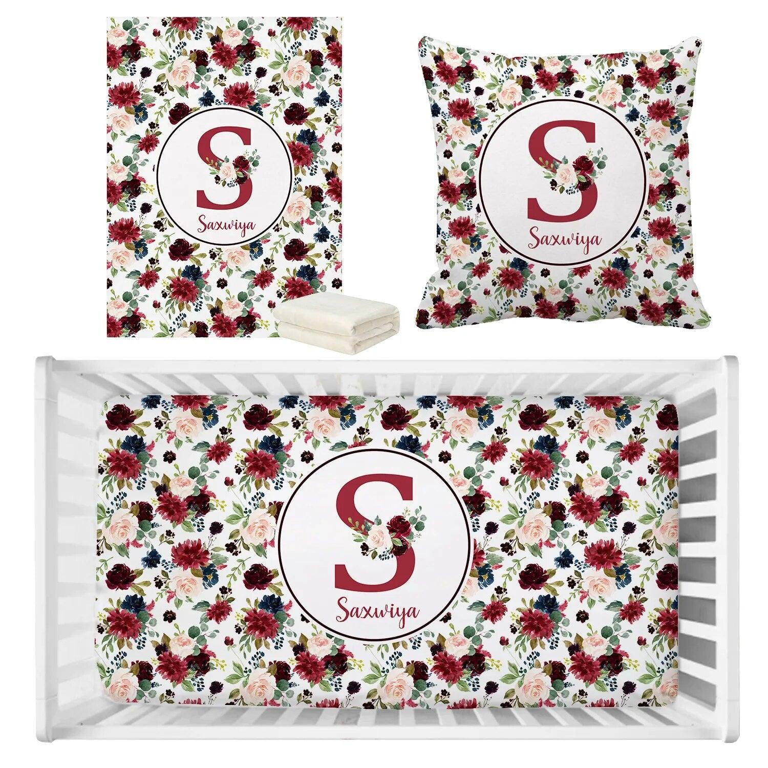 Personalized Watercolor Floral Bedding Set-Diaper Reusable
