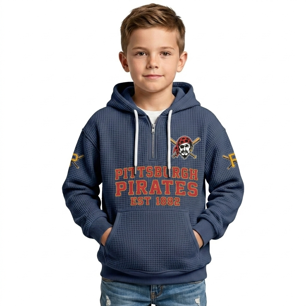 Pittsburgh Pirates EST 1882 Printed Waffle Quarter Zip Baseball Fan Hoodie For Kids
