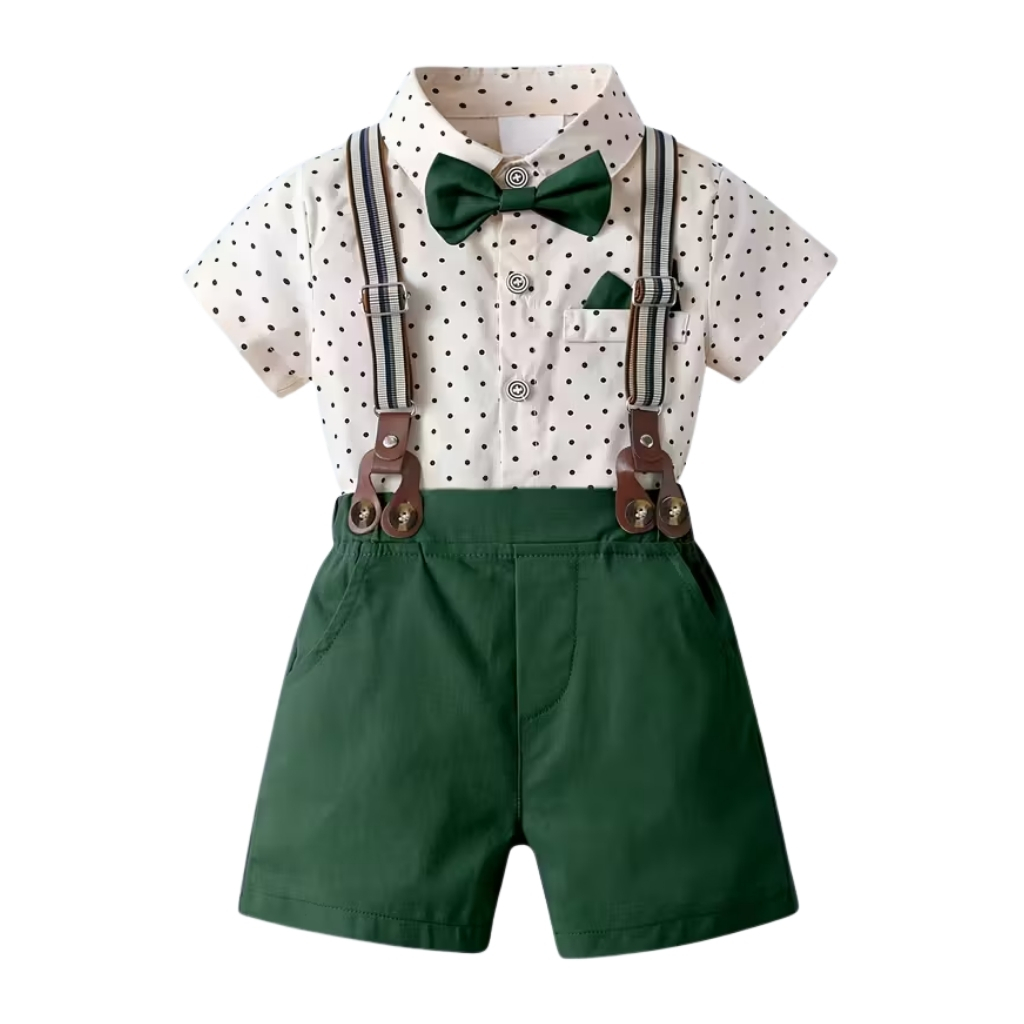 Short Sleeved Collared Shirt With Bow Tie And Shorts 2 Piece Set For Boys