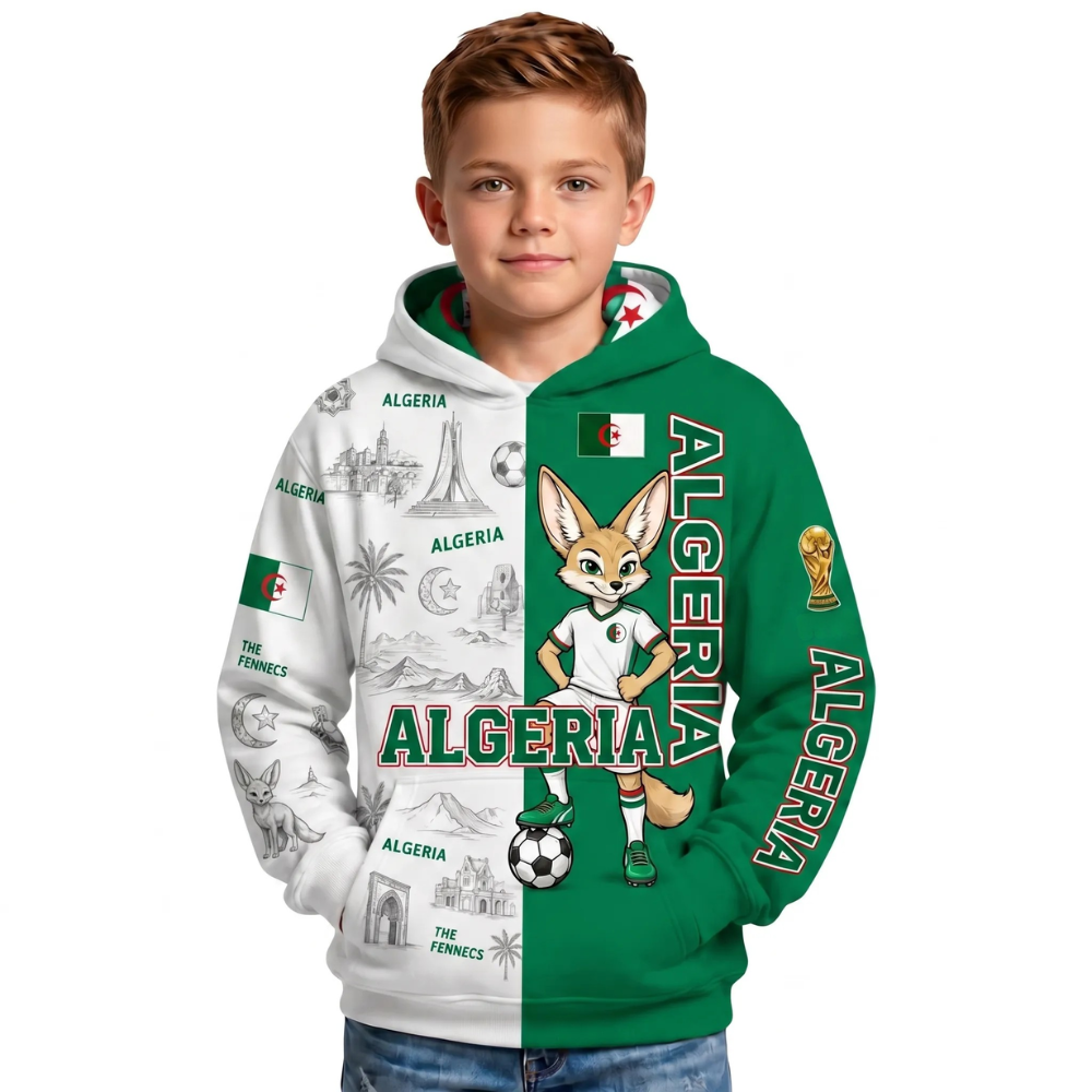 Algeria Football Themed All Over Printed Hoodie For Kids