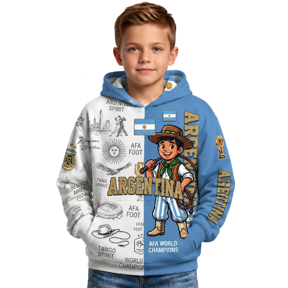 Argentina Football Themed All Over Printed Hoodie For Kids