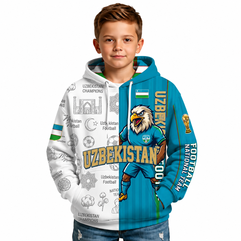 Uzbekistan Football Themed All Over Printed Hoodie For Kids