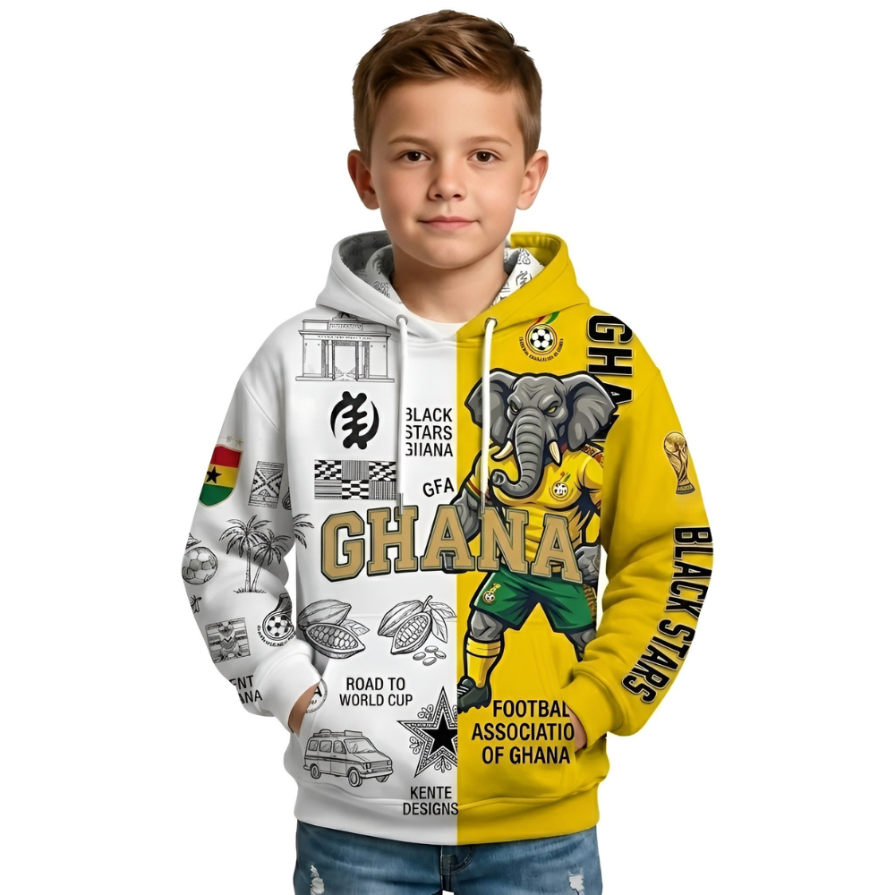 Ghana Football Themed All Over Printed Hoodie For Kids