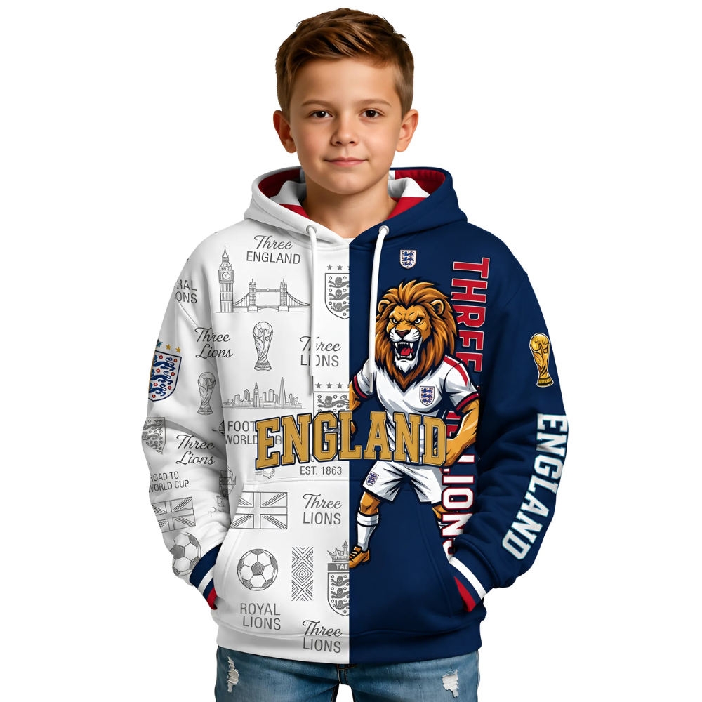 England Football Themed All Over Printed Hoodie For Kids