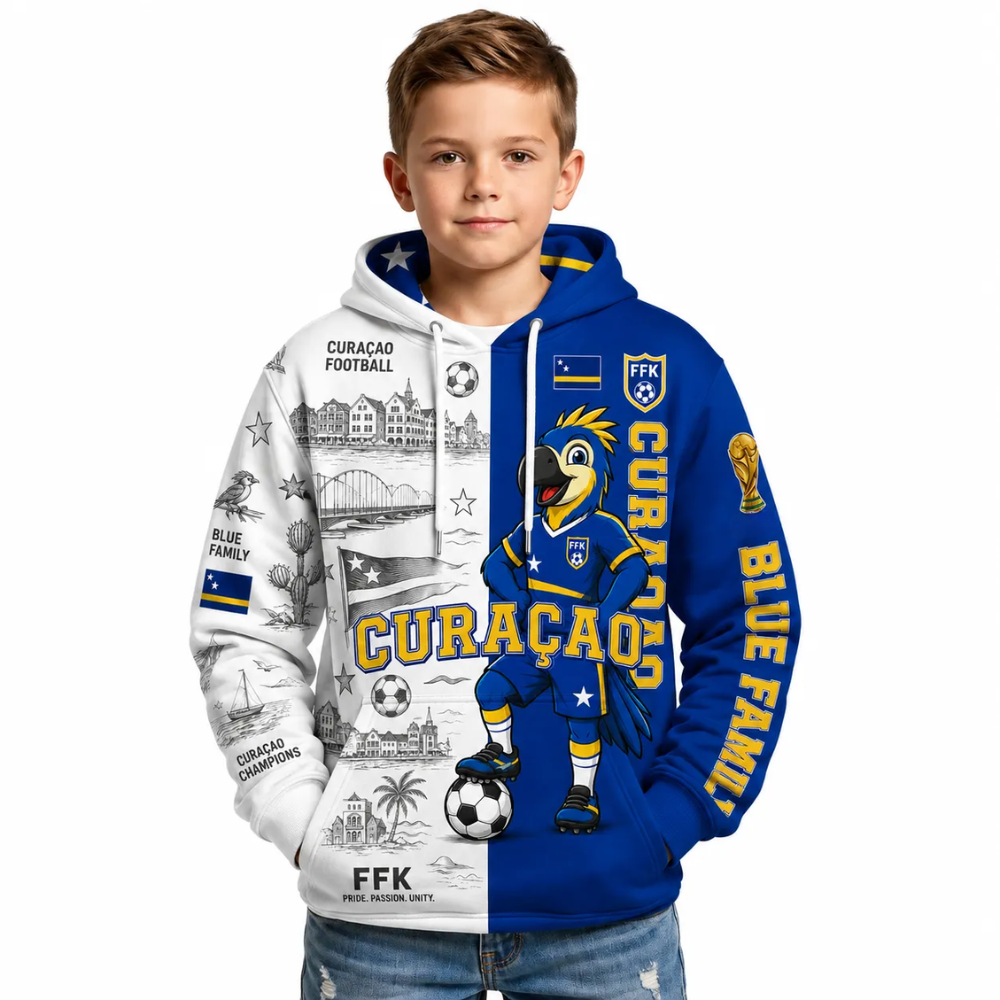 Curaçao Football Themed All Over Printed Hoodie For Kids