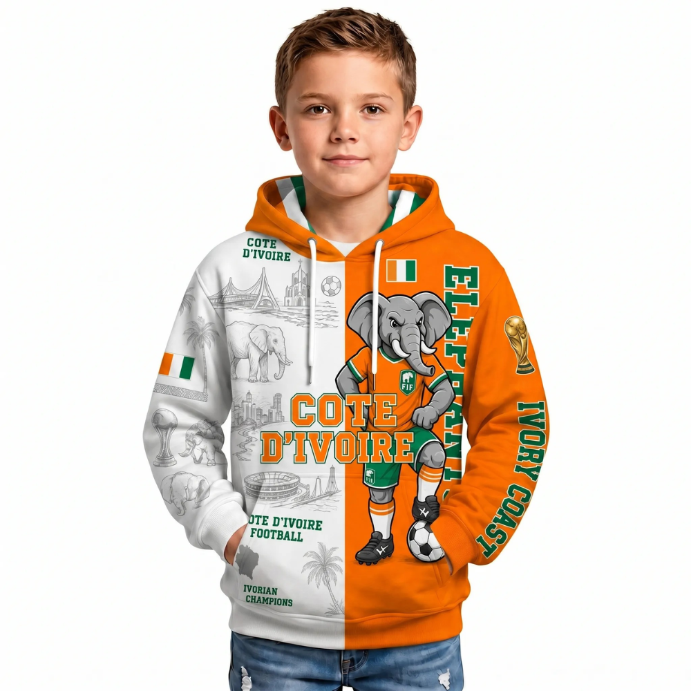 Côte d'Ivoire Football Themed All Over Printed Hoodie For Kids