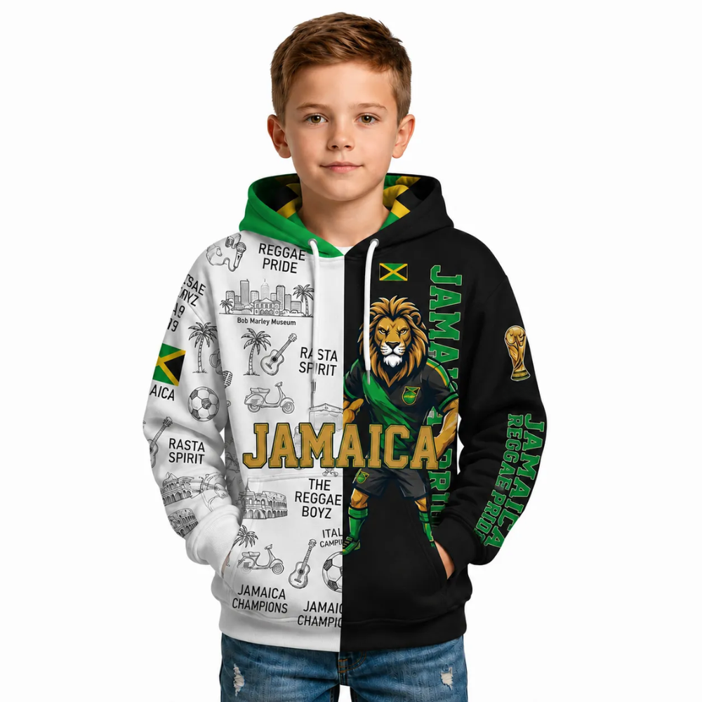 Jamaica Football Themed All Over Printed Hoodie For Kids