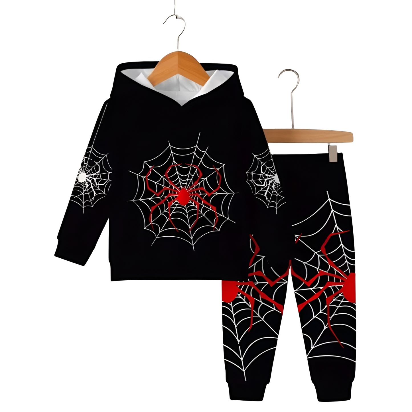 Spider Web Print Hooded Sweatshirt Set For Boys