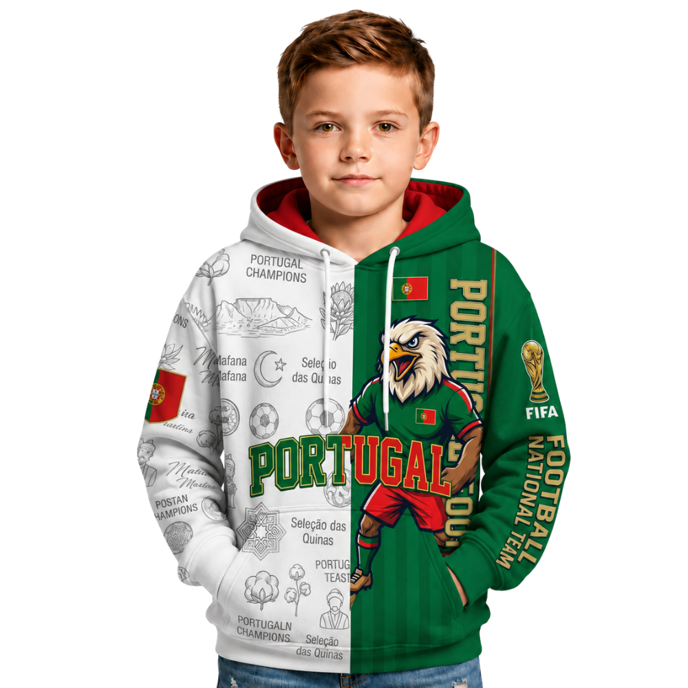 FIFA 2026 Portugal Football Themed All Over Printed Hoodie For Kids
