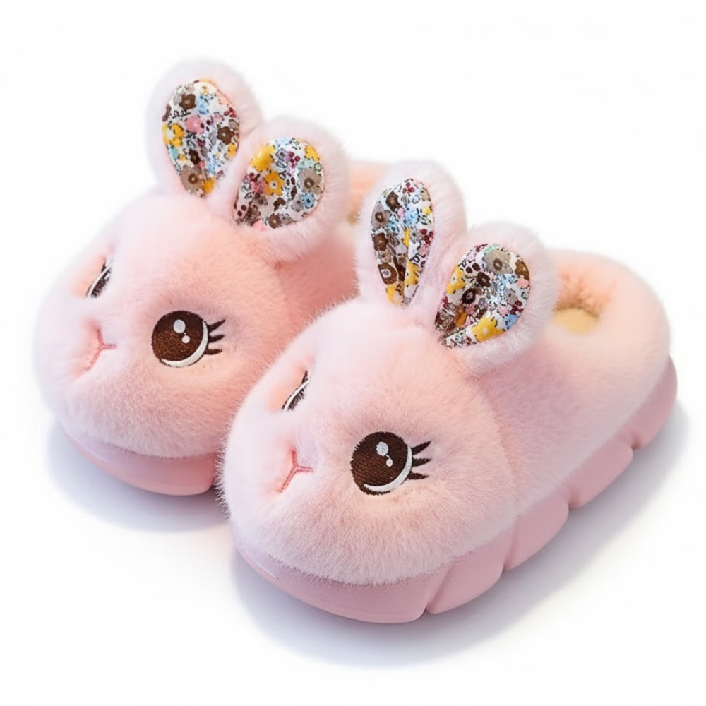 Plush Bunny Slip On Slippers With Warm Lining And PVC Sole For Kids