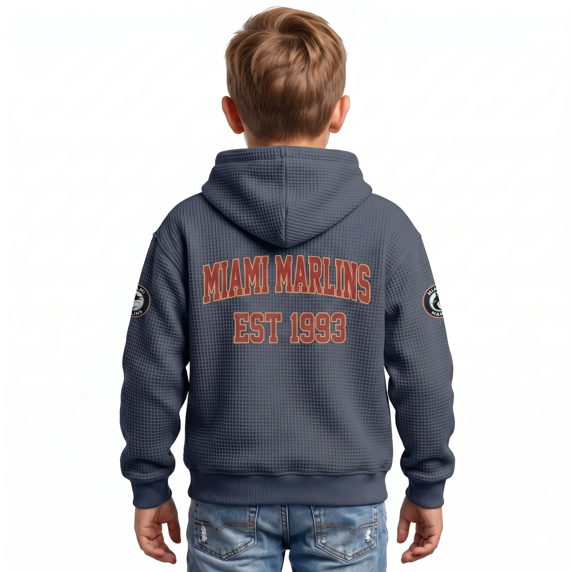 Miami Marlins EST 1993 Printed Waffle Quarter Zip Baseball Fan Hoodie For Kids