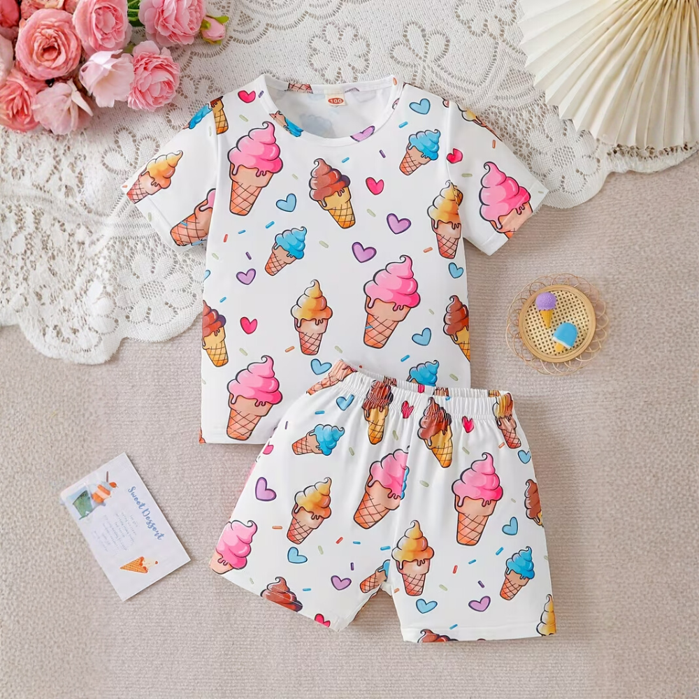 Ice Cream Print Short Pajama Set For Girls
