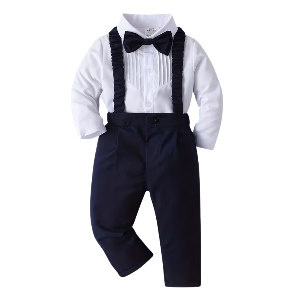 2 Piece Of Gentleman Outfit With Bow Tie Shirt And Suspender Pants Set For Baby Boys