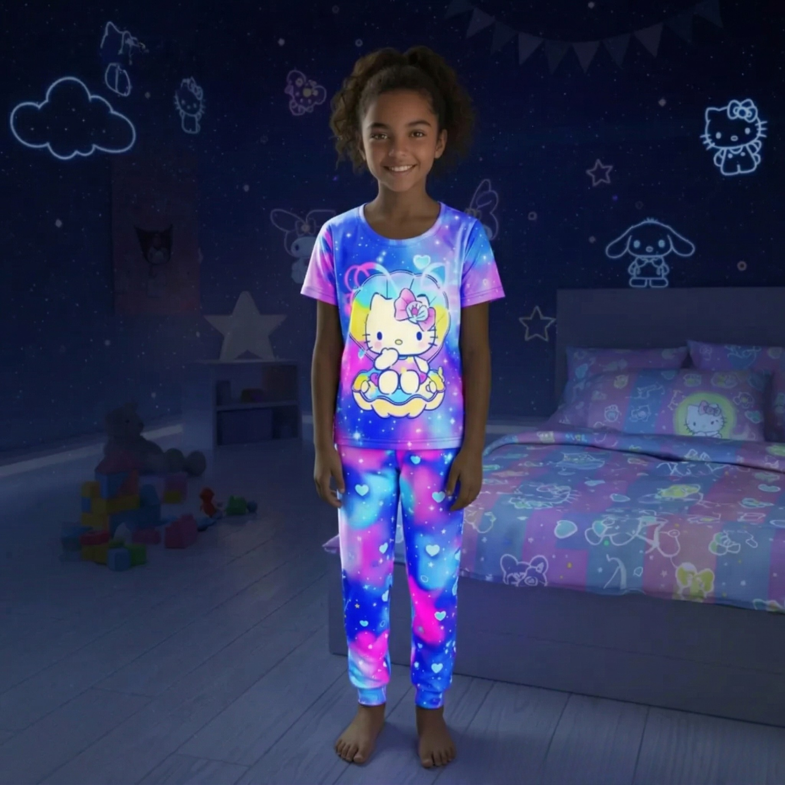 Retardant Night Light Cartoon Print Pajama Set For Girls