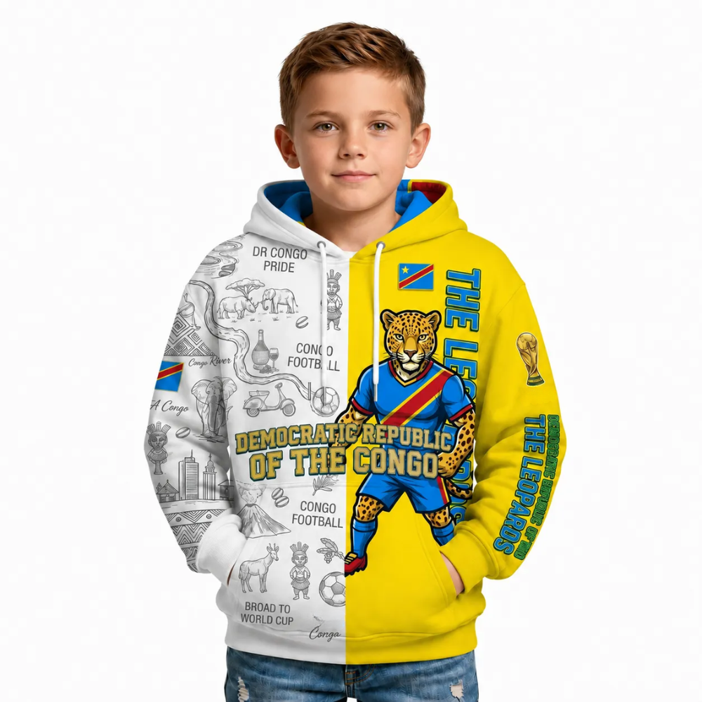 Democratic Republic Of The Congo Football Themed All Over Printed Hoodie For Kids