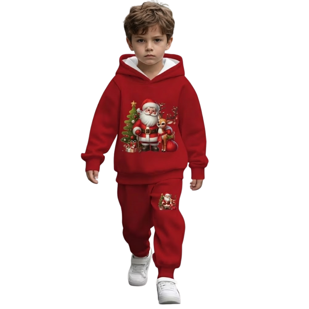 Christmas Santa And Elves Print Hoodie Pants Set For Boys
